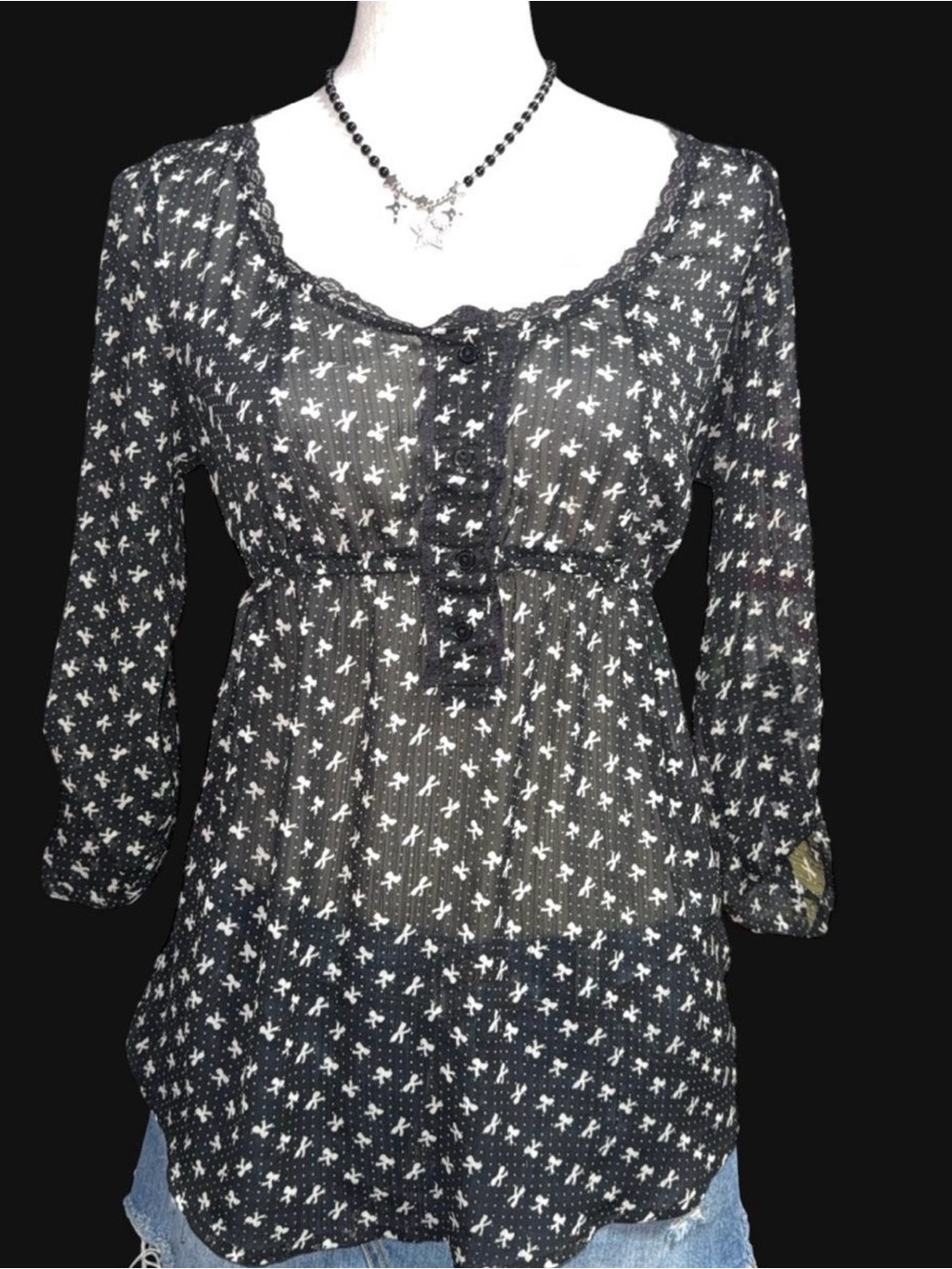 Kirra Black Semi-Sheer Printed Long Sleeve Peasant Top bows